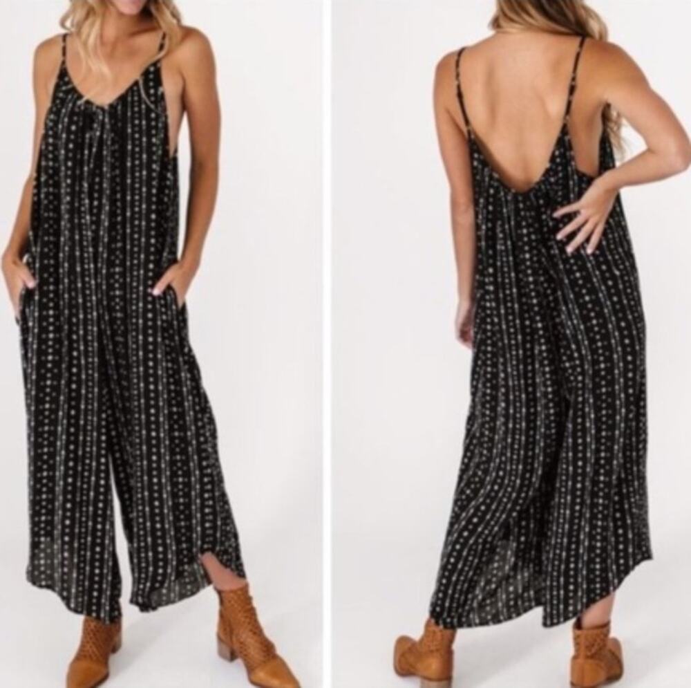 Hem + Thread Black Boho Harem Jumpsuit Arrow Print Wide Leg Pockets Size Large